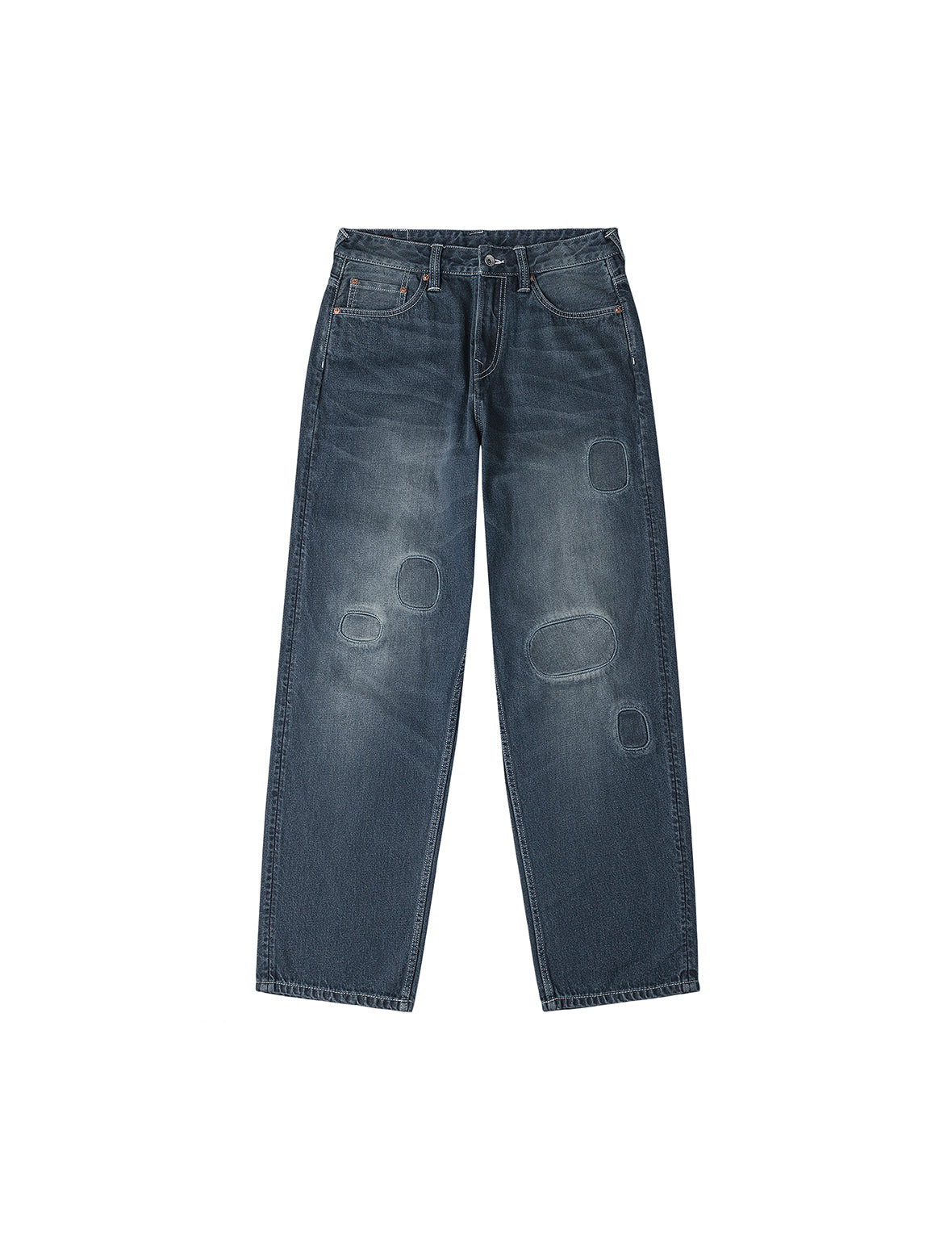 斑駁海鷗印花和補丁寬版牛仔褲